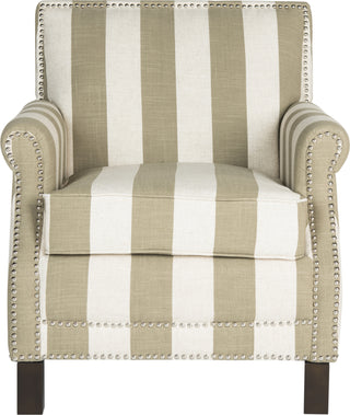 Safavieh Easton Club Chair With Awning Stripes-Silver Nail Heads Olive and White Espresso Furniture main image