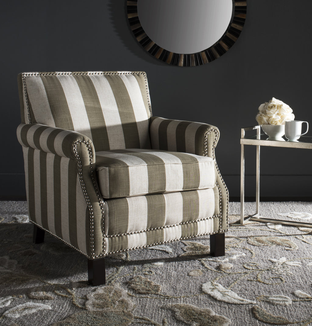 Safavieh Easton Club Chair With Awning Stripes-Silver Nail Heads Olive and White Espresso  Feature