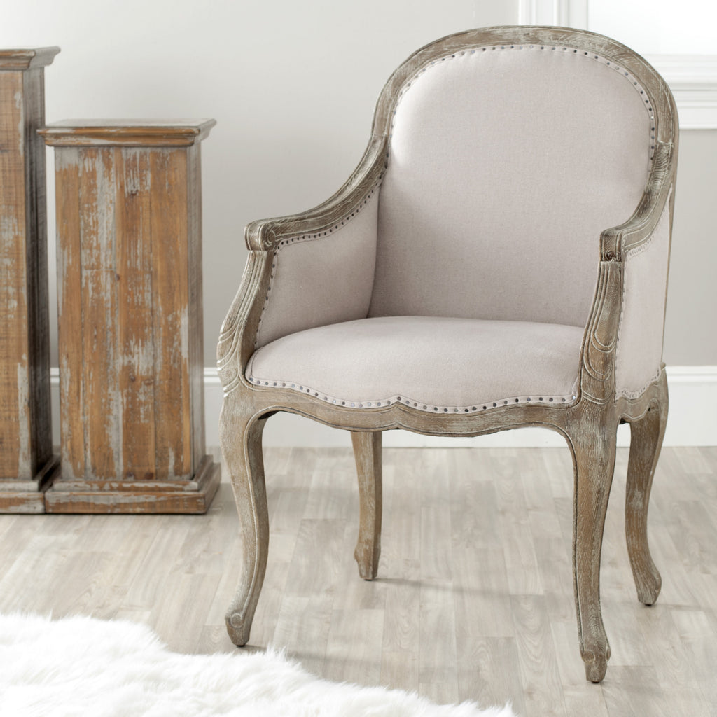Safavieh Esther Arm Chair With Flat Black Nail Heads Taupe and Pickled Oak Furniture  Feature