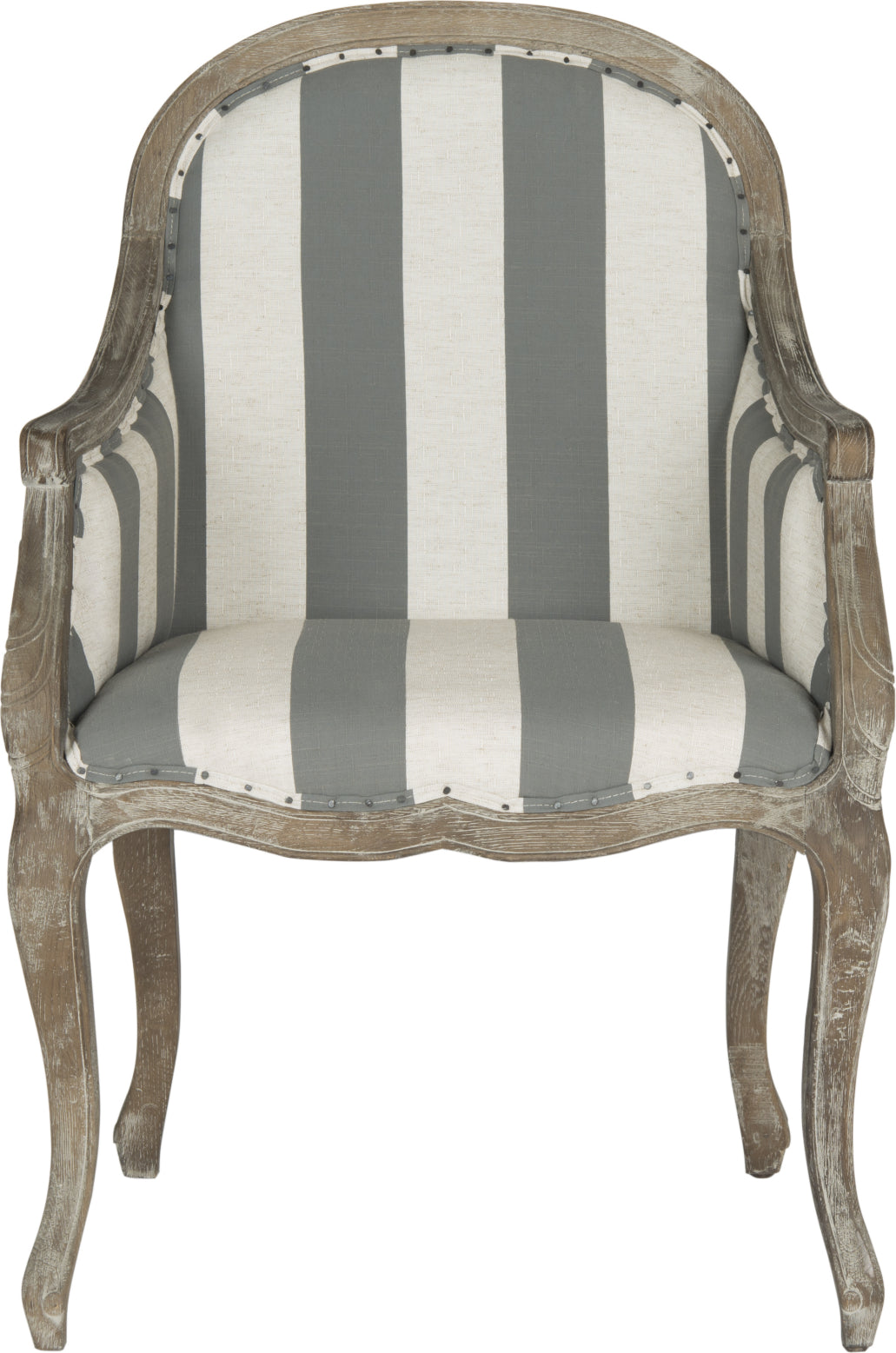 Safavieh Esther Arm Chair With Awning Stripes-Flat Black Nail Heads Grey and Off White Pickled Oak Furniture main image