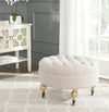 Safavieh Clara Tufted Round Ottoman Taupe and Pickled Oak Furniture  Feature