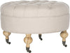 Safavieh Clara Tufted Round Ottoman Taupe and Pickled Oak Furniture 