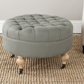 Safavieh Clara Tufted Round Ottoman Sea Mist and Pickled Oak Furniture  Feature