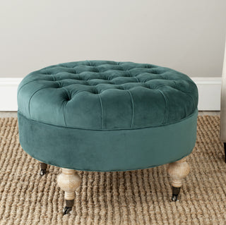 Safavieh Clara Tufted Round Ottoman Marine and Pickled Oak Furniture  Feature