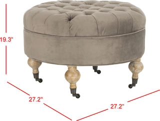 Safavieh Clara Tufted Round Ottoman Mushroom Taupe and Pickled Oak Furniture 