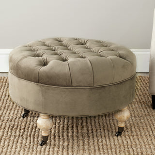 Safavieh Clara Tufted Round Ottoman Mushroom Taupe and Pickled Oak Furniture  Feature