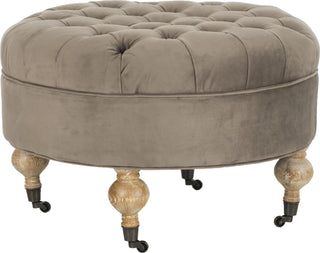 Safavieh Clara Tufted Round Ottoman Mushroom Taupe and Pickled Oak Furniture main image