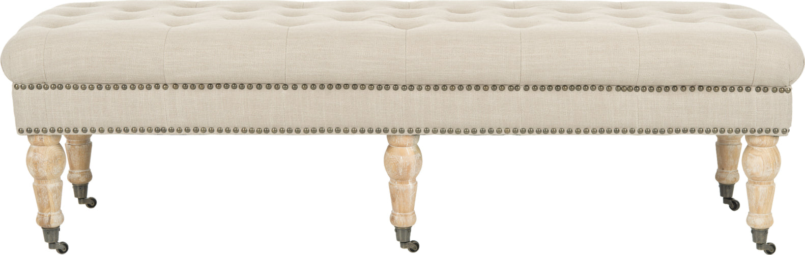 Safavieh Barney Tufted Bench-Brass Nail Heads True Taupe and Pickled Oak Furniture main image
