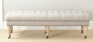 Safavieh Barney Tufted Bench-Brass Nail Heads True Taupe and Pickled Oak Furniture  Feature