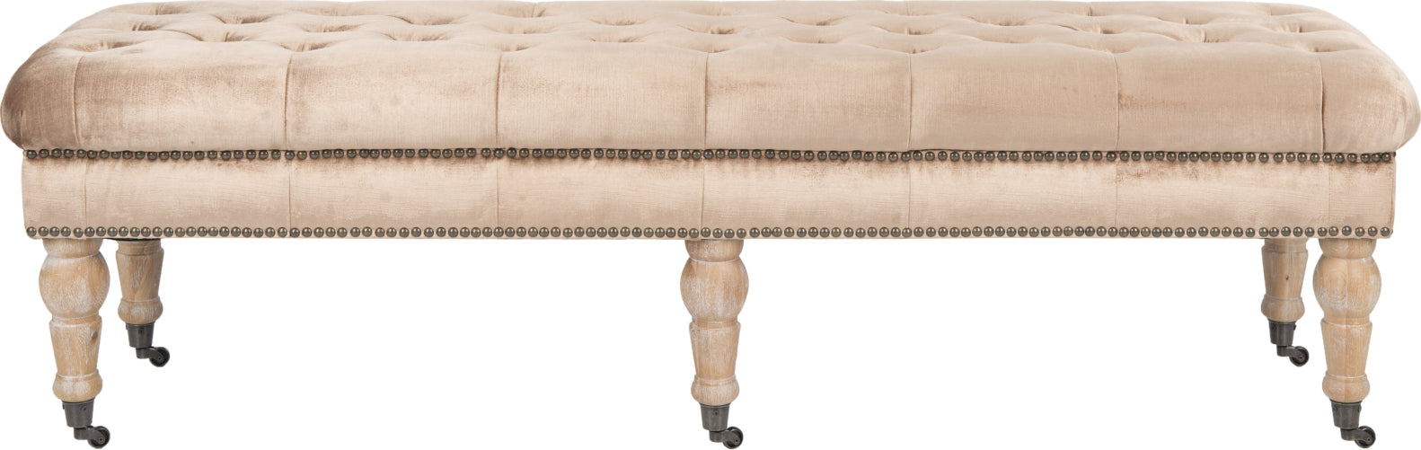 Safavieh Barney Tufted Bench-Brass Nail Heads Mink Brown and Pickled Oak Furniture main image