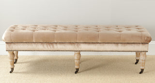 Safavieh Barney Tufted Bench-Brass Nail Heads Mink Brown and Pickled Oak Furniture  Feature