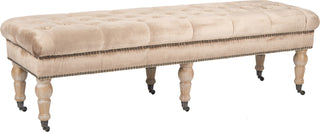 Safavieh Barney Tufted Bench-Brass Nail Heads Mink Brown and Pickled Oak Furniture 