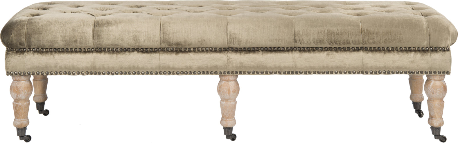 Safavieh Barney Tufted Bench-Brass Nail Heads Antique Sage and Pickled Oak Furniture main image