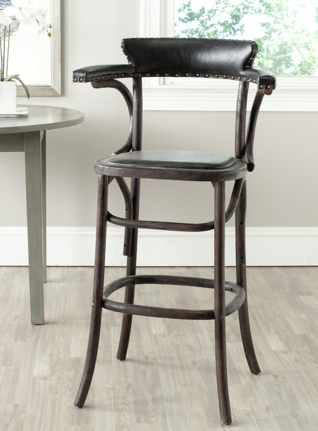 Safavieh Kenny Bar Stool-Brass Nail Heads Antique Black and Dark Umber Furniture  Feature