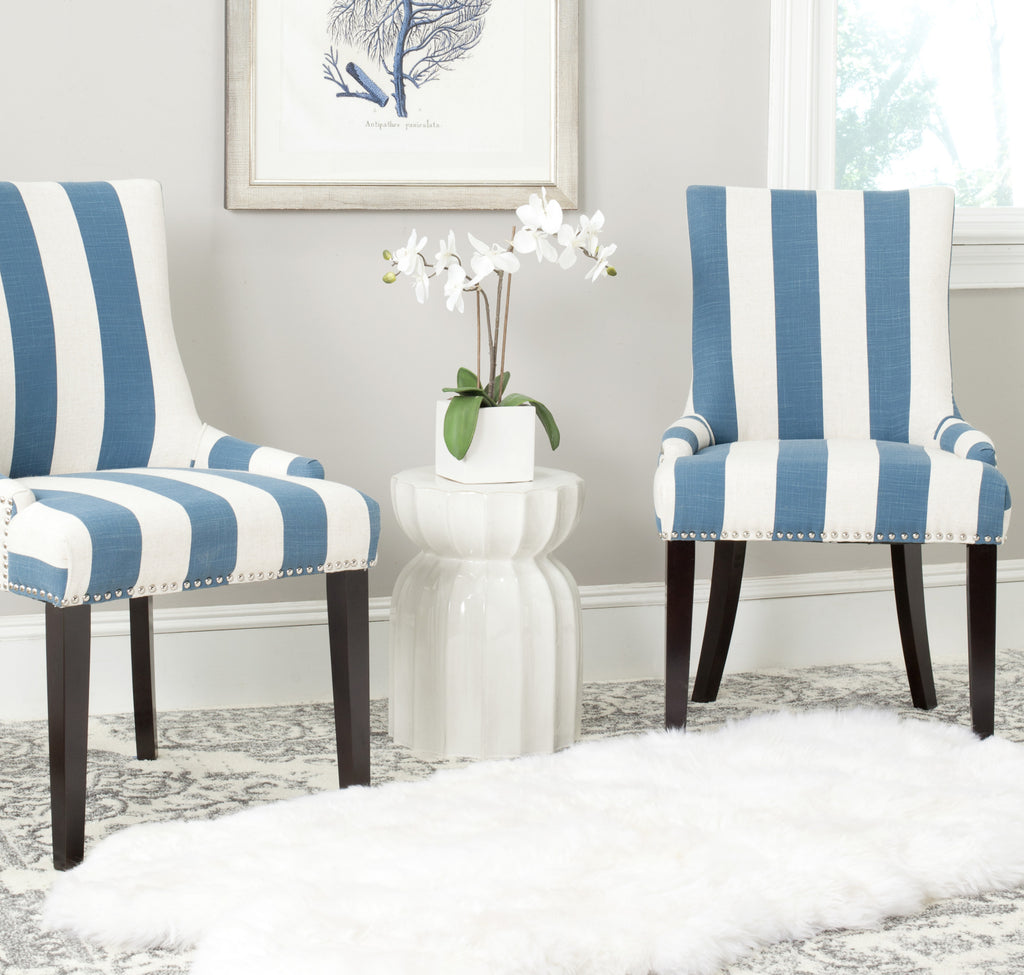 Safavieh Lester Awning Stripes Dining Chair-Silver Nail Heads Blue and White Espresso  Feature