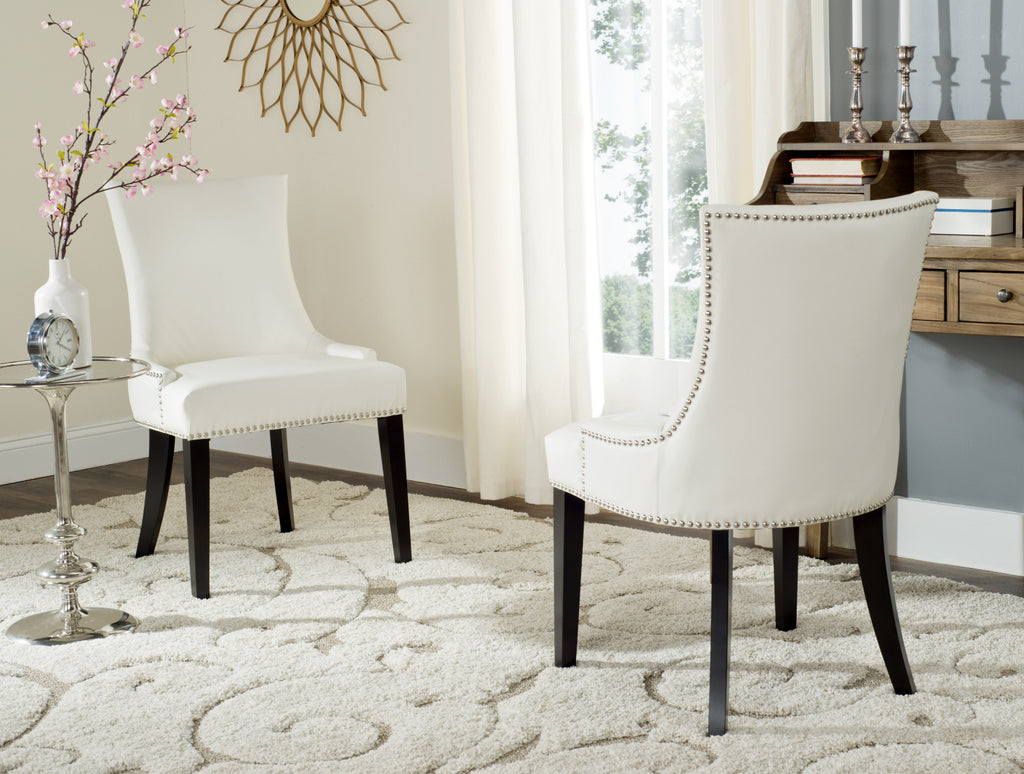 Safavieh Lester Dining Chair (SET Of 2)-Silver Nail Heads White Leather and Espresso  Feature