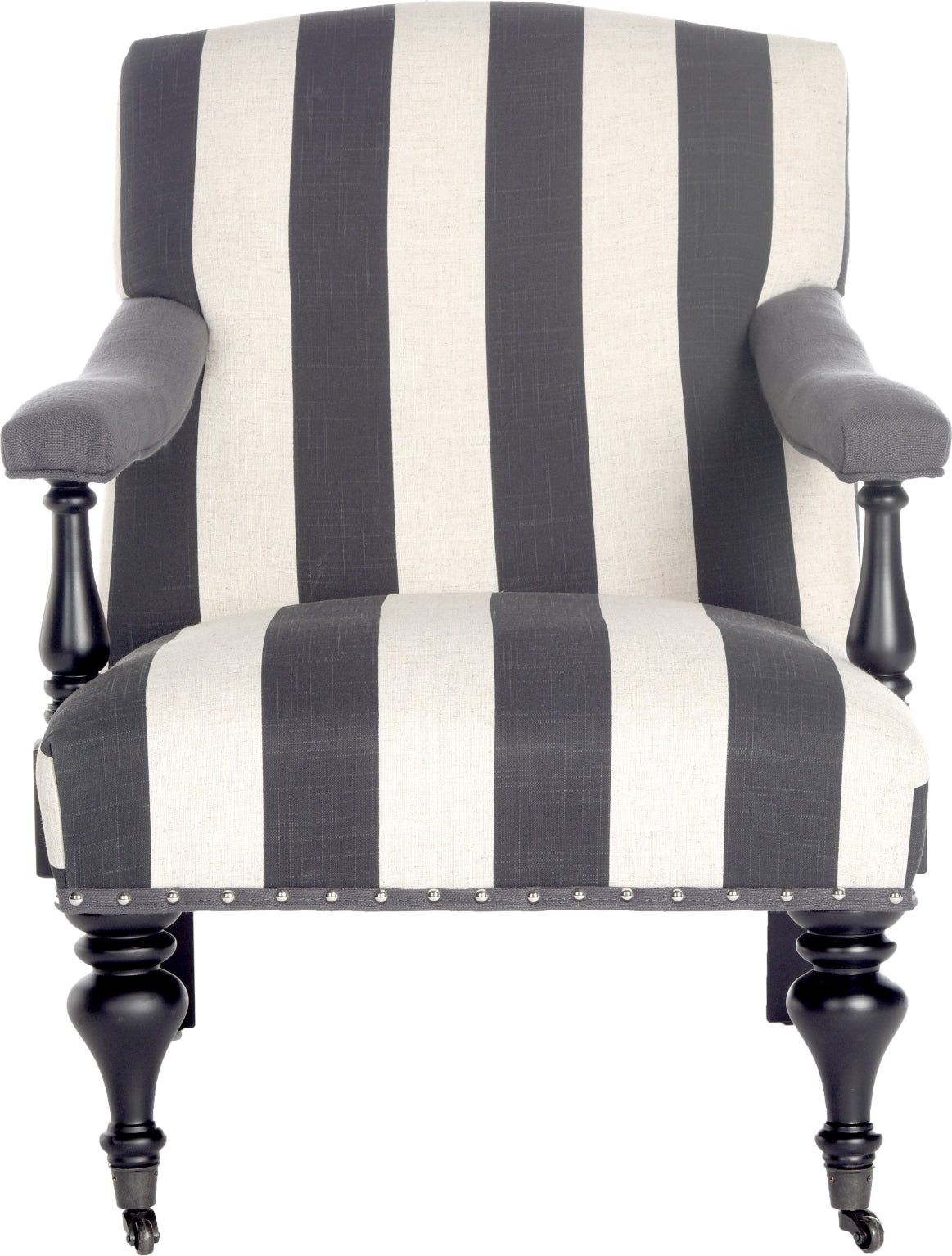 Safavieh Devona Awning Stripe Arm Chair-Silver Nail Heads Charcoal and White Furniture main image