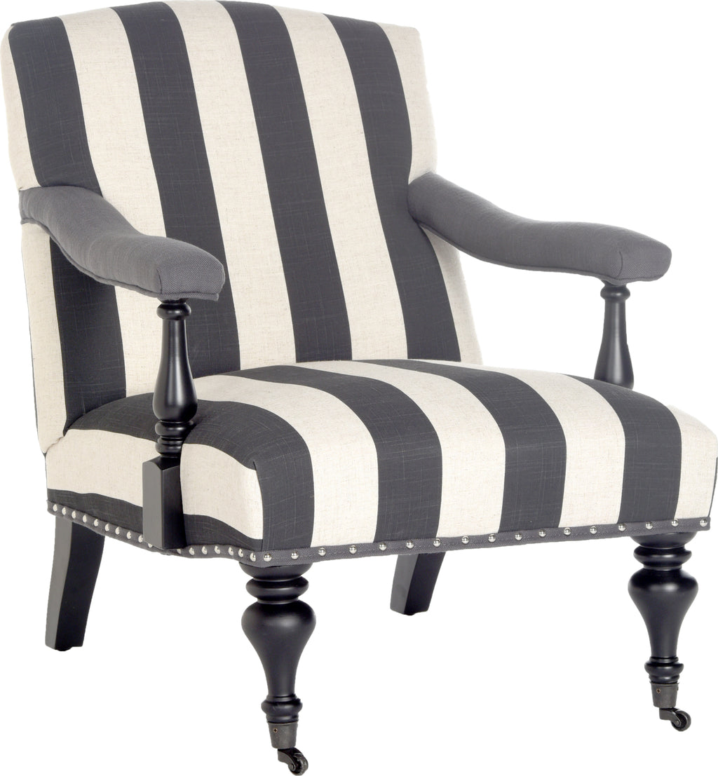 Safavieh Devona Awning Stripe Arm Chair-Silver Nail Heads Charcoal and White Furniture  Feature