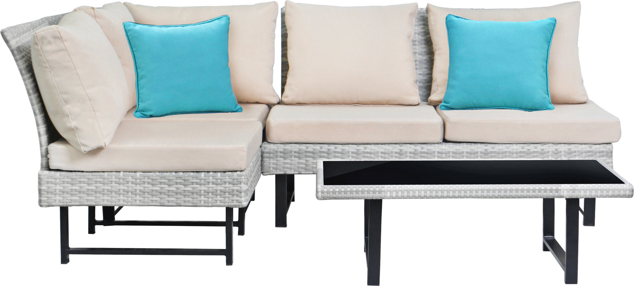 Safavieh Aleron Rattan Outdoor Sectional And Coffee Table With Teal Accent Pillows Beige/Teal Furniture main image