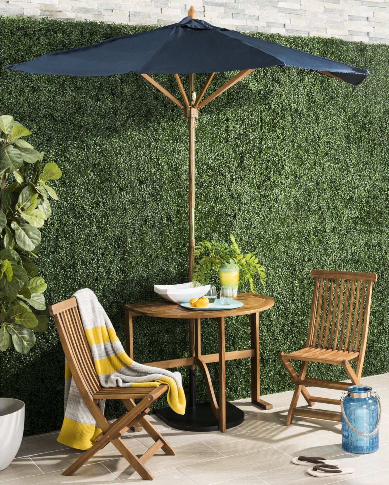 Safavieh Evert Half Patio Set and Umbrella Teak/Navy Half Patio Set And Umbrella Outdoor Sets