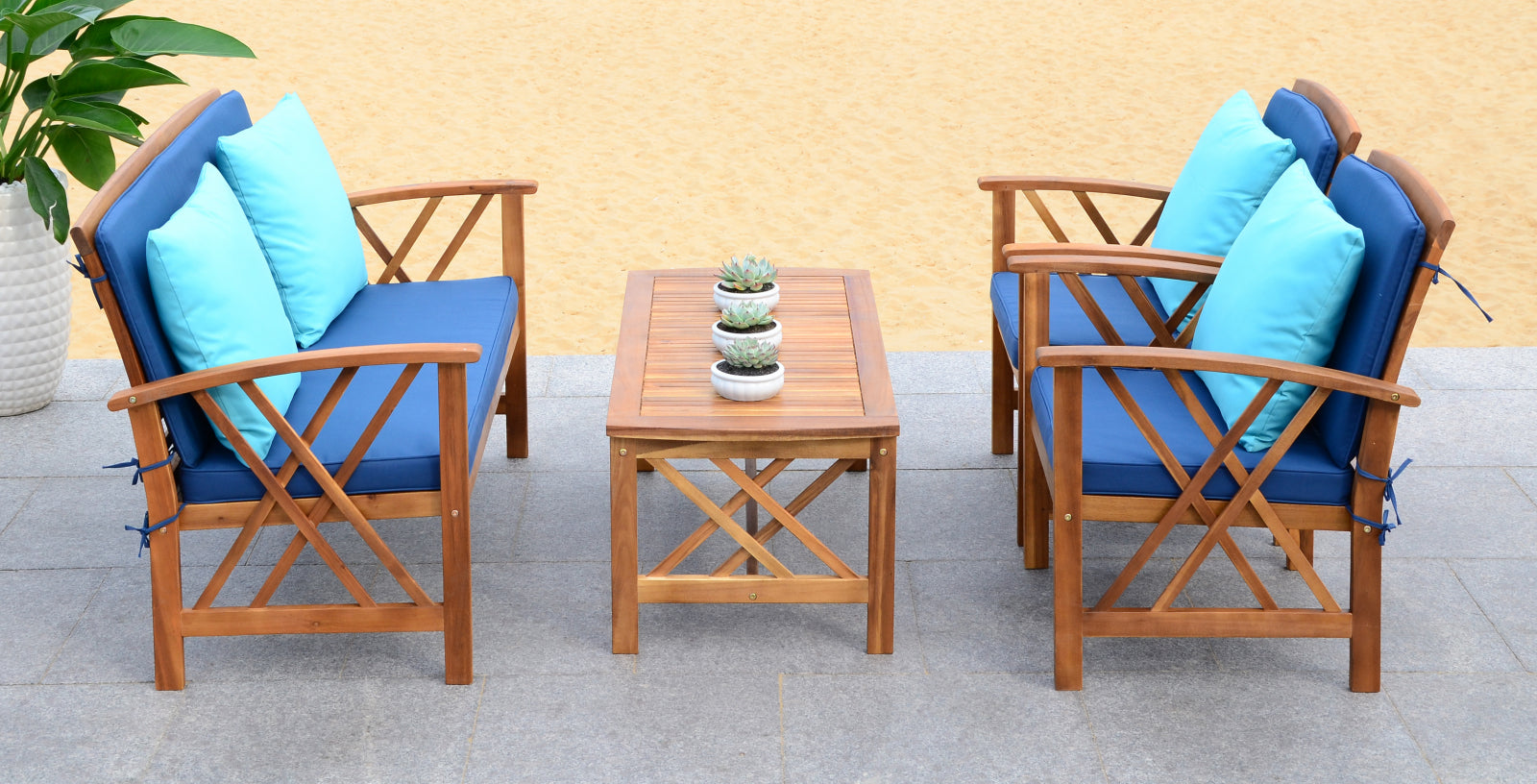 Safavieh Fontana 4 Pc Outdoor Set Teak Look Navy