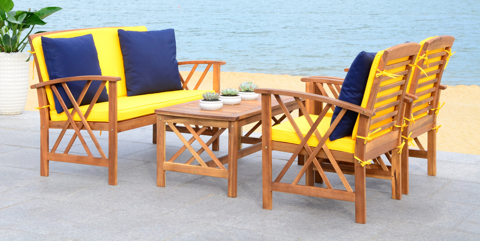 Safavieh Fontana 4 Pc Outdoor Set Teak Look/Yellow Furniture main image