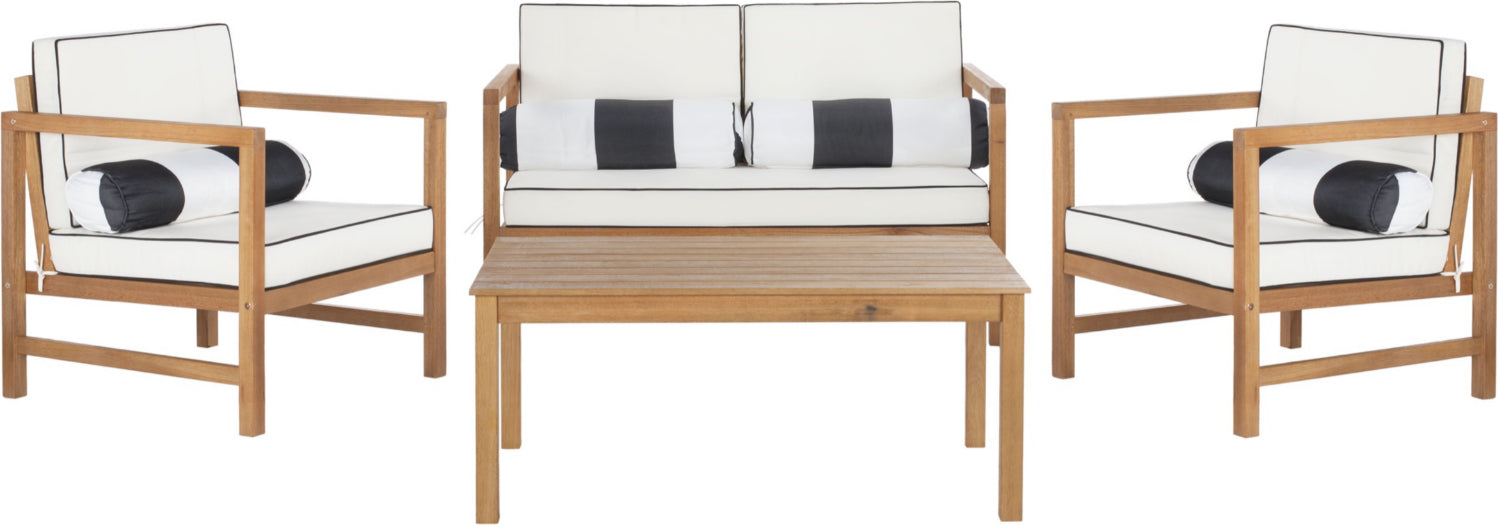 Safavieh Montez 4 Pc Outdoor Set With Accent Pillows Teak/Black/White Furniture main image