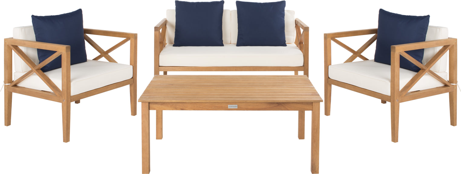 Safavieh Nunzio 4 Pc Outdoor Set With Accent Pillows Teak/White/Navy Furniture main image