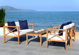 Safavieh Nunzio 4 Pc Outdoor Set With Accent Pillows Teak/White/Navy  Feature