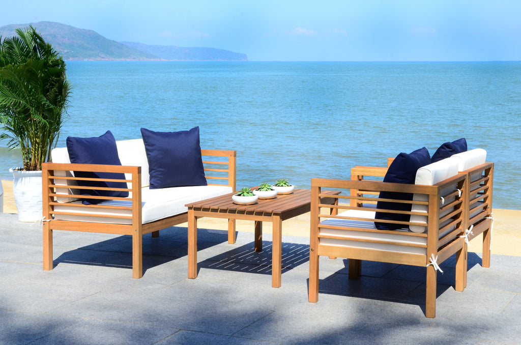 Safavieh Alda 4 Pc Outdoor Set With Accent Pillows Teak/White/Navy  Feature