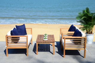 Safavieh Alda 4 Pc Outdoor Set With Accent Pillows Teak/White/Navy Furniture 