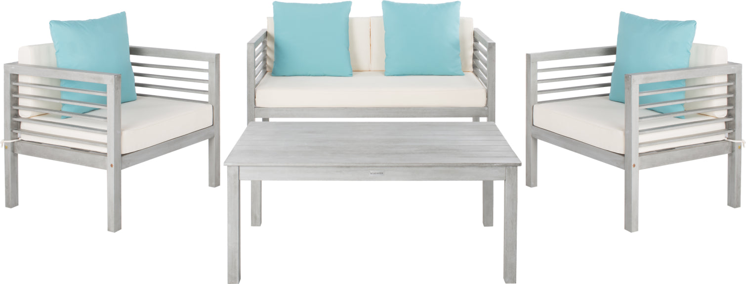 Safavieh Alda 4 Pc Outdoor Set With Accent Pillows Grey Wash/White/Light Blue Furniture main image