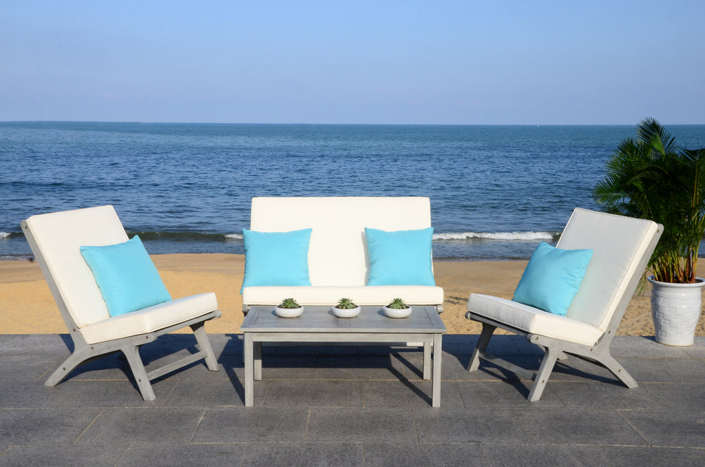 Safavieh Chaston 4 Pc Outdoor Living Set With Accent Pillows Grey Wash/White/Light Blue  Feature