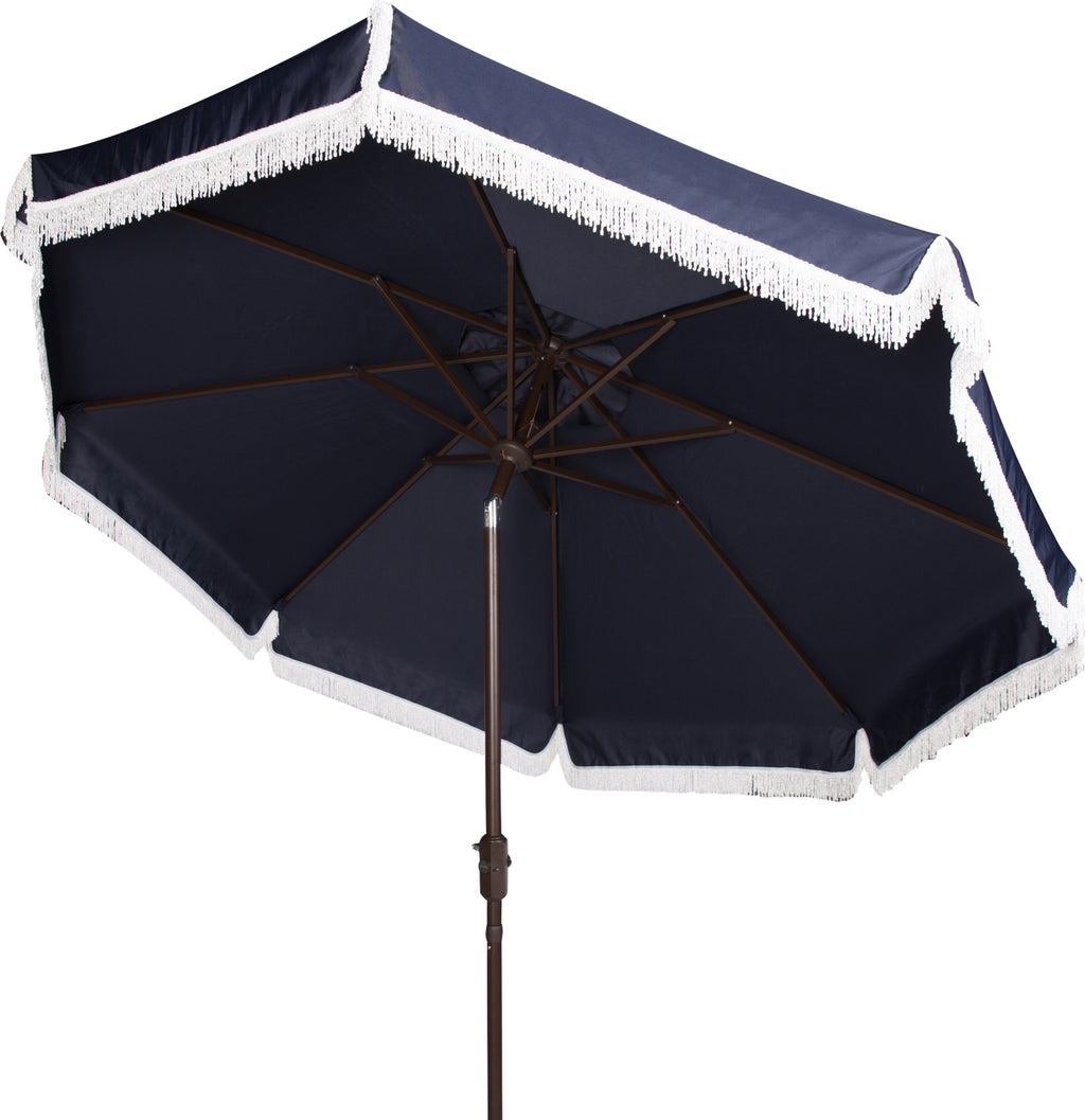 Safavieh Milan Fringe 9ft Crank Outdoor Push Button Tilt Umbrella Navy/White Furniture  Feature