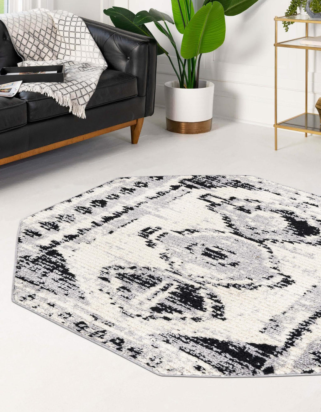 Unique Loom Tagine T-TAGN6 Black and White Area Rug Octagon Lifestyle Image Feature