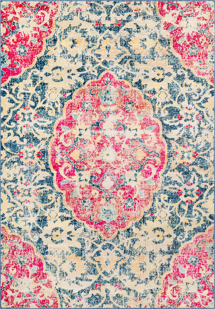 Surya Tharunaya THN-1032 Dark Blue Aqua Cream Bright Yellow Peach Garnet Red Area Rug main image