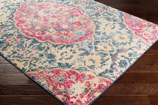 Surya Tharunaya THN-1032 Dark Blue Aqua Cream Bright Yellow Peach Garnet Red Area Rug Corner Image