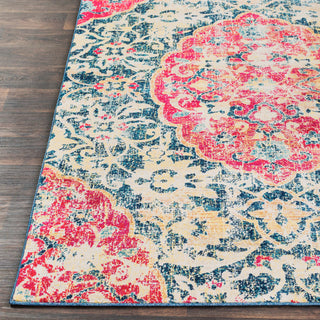 Surya Tharunaya THN-1032 Dark Blue Aqua Cream Bright Yellow Peach Garnet Red Area Rug Detail Image