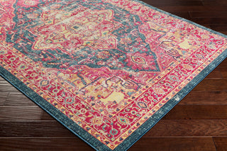 Surya Tharunaya THN-1033 Bright Red Garnet Dark Blue Aqua Cream Yellow Peach Area Rug Corner Image