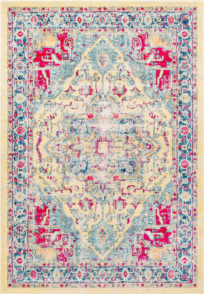Surya Tharunaya THN-1034 Bright Yellow Aqua Dark Blue Garnet Red Peach Area Rug main image