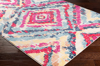 Surya Tharunaya THN-1039 Aqua Garnet Cream Dark Blue Bright Red Yellow Light Gray Peach Area Rug Corner Image