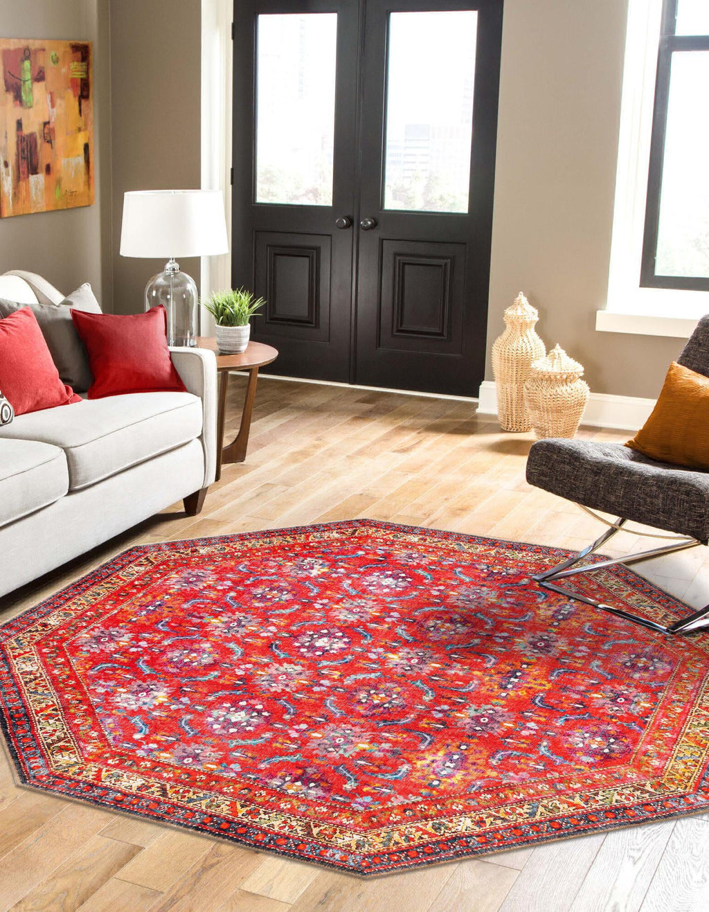 Unique Loom Timeless LEO-RVVL13 Red Area Rug Octagon Lifestyle Image Feature