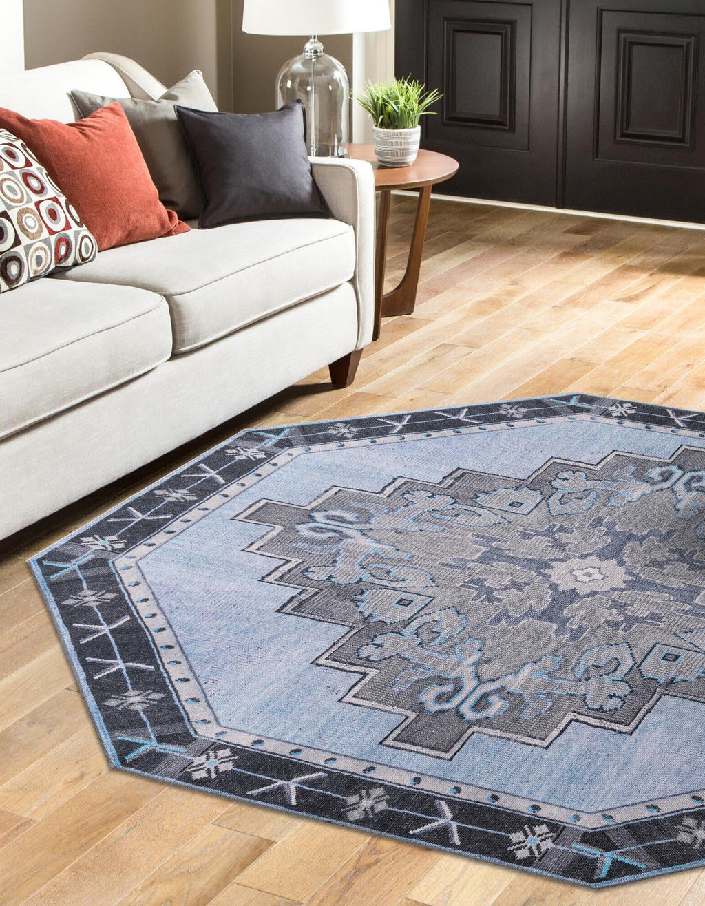 Unique Loom Timeless LEO-RVVL2 Blue Gray Area Rug Octagon Lifestyle Image Feature