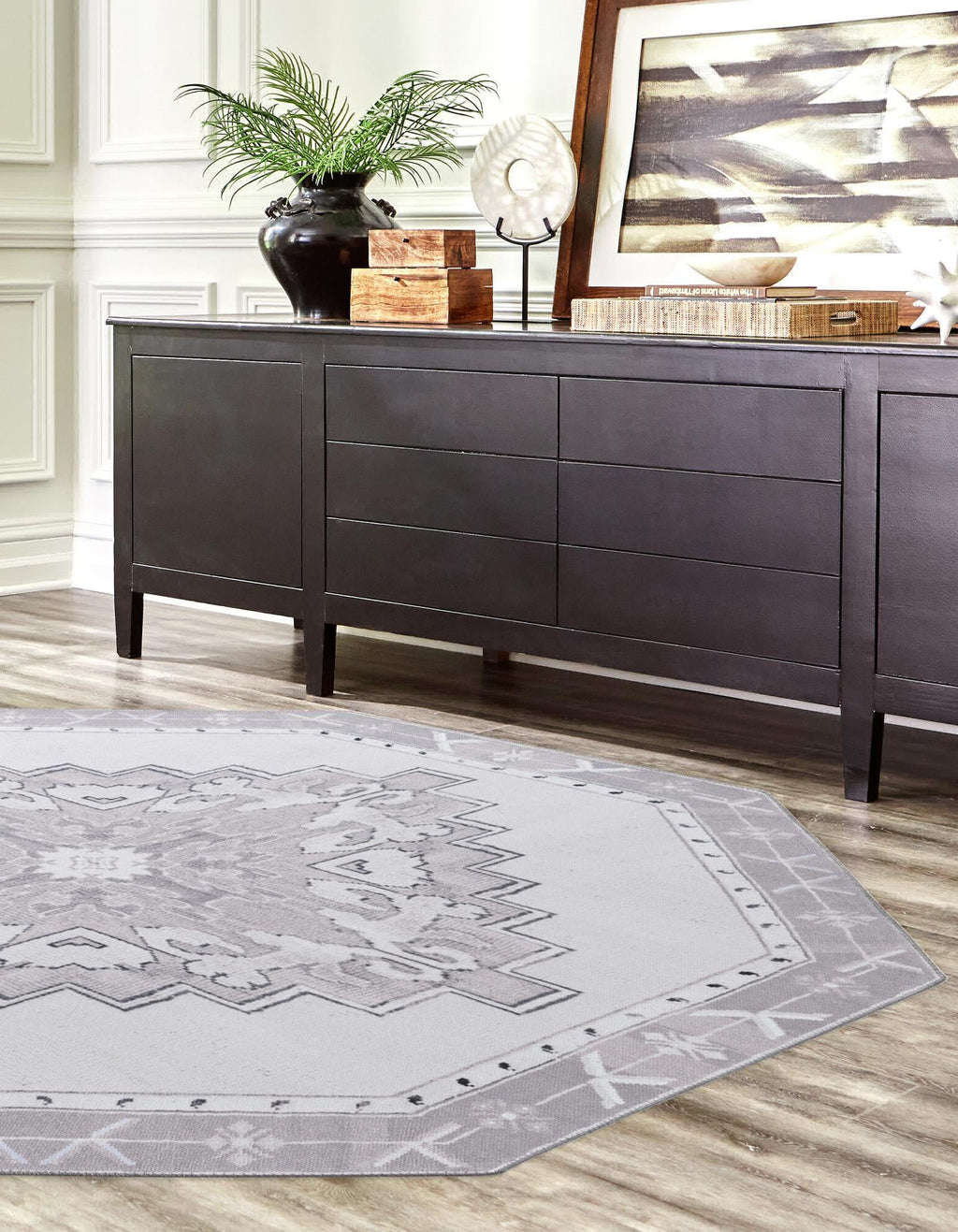 Unique Loom Timeless LEO-RVVL2 White Gray Area Rug Octagon Lifestyle Image Feature