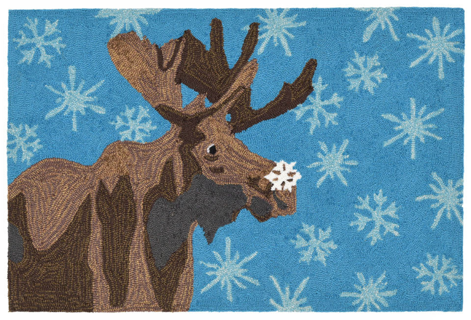 Trans Ocean Frontporch Moose and Snowflake Blue Area Rug main image