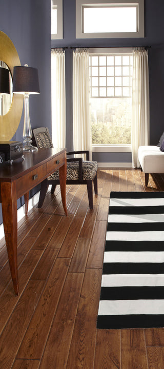 Trans Ocean Sorrento Rugby Stripe Black Area Rug Room Scene