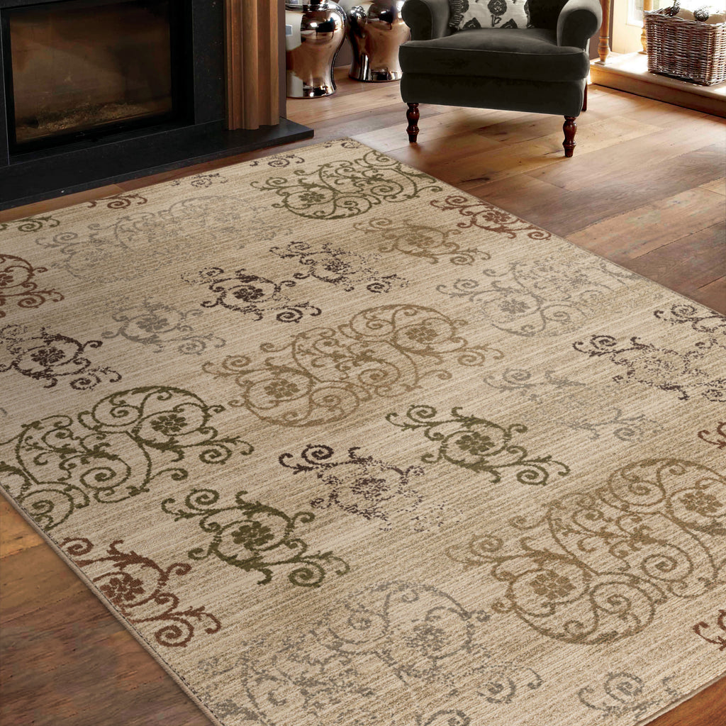 Orian Rugs Virtuous Neutral Damask Beige Area Rug Room Scene Feature